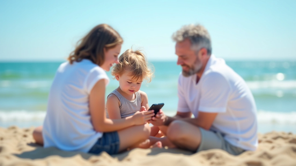 Perekond koos lapsega istub otepääl ja kasutab nutiseadet