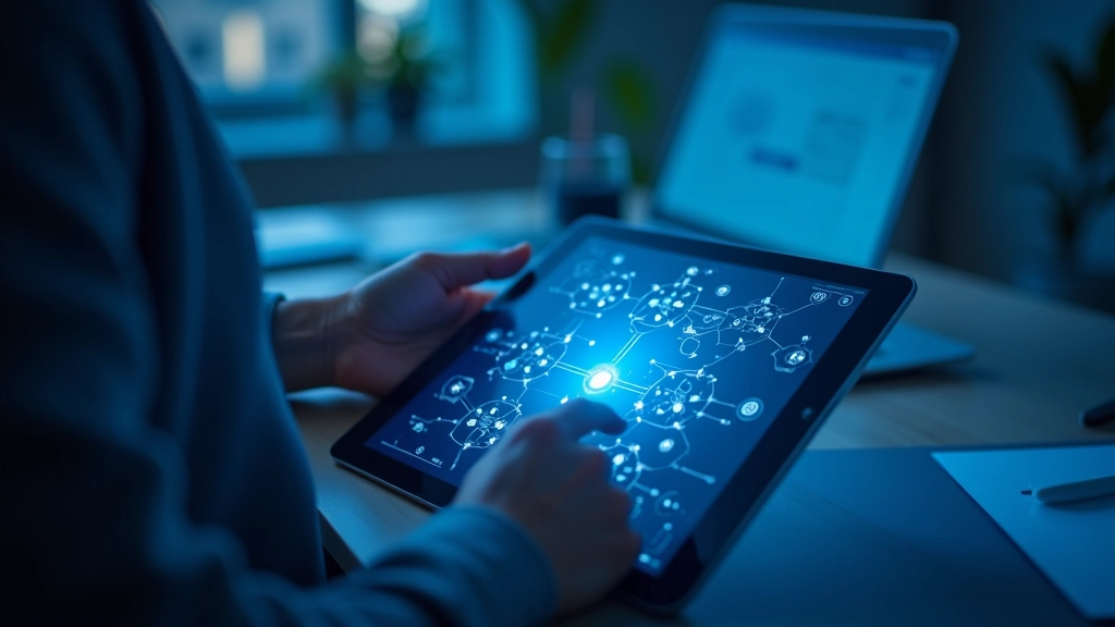 Kahe käega näidatakse digitaalsete ühenduste võrku ja sümboleid, kaasaegne visuaal