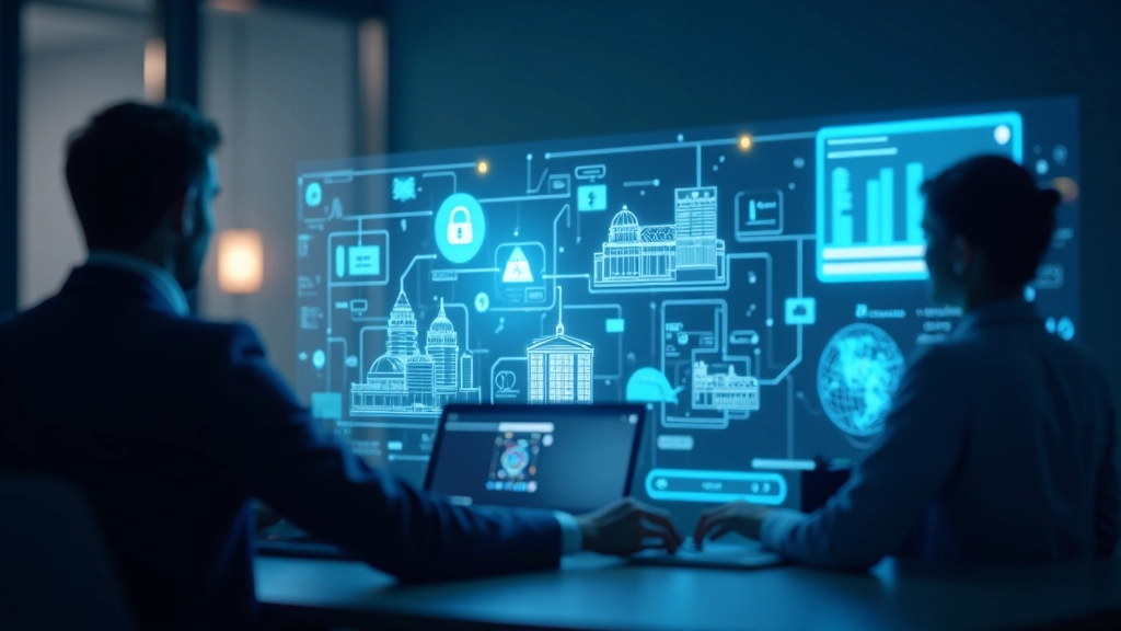 Eesti digitaalse teenuste keskkonna illustratsioon — arvutid, omavalitsuse hooned ja ühendused