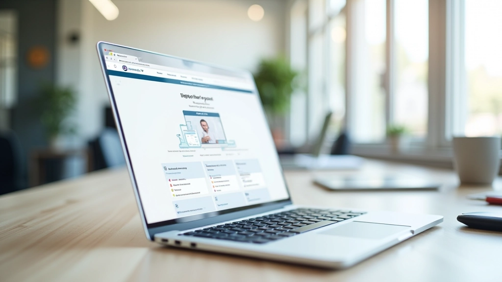 Kaasaegne kontoriruumi arvutiga, millel nähtav Eesti e-teenuste veebileht, heledal taustal