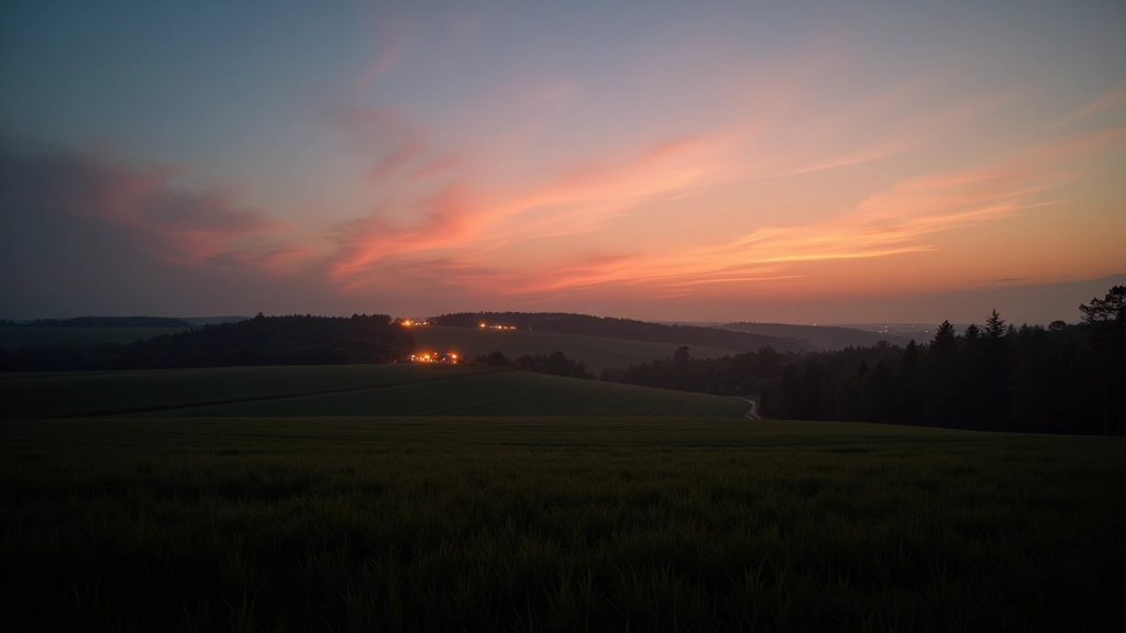 Maapiirkonna maastik õhtusel ajal, kauged kodud valgusega, maakond taustaks