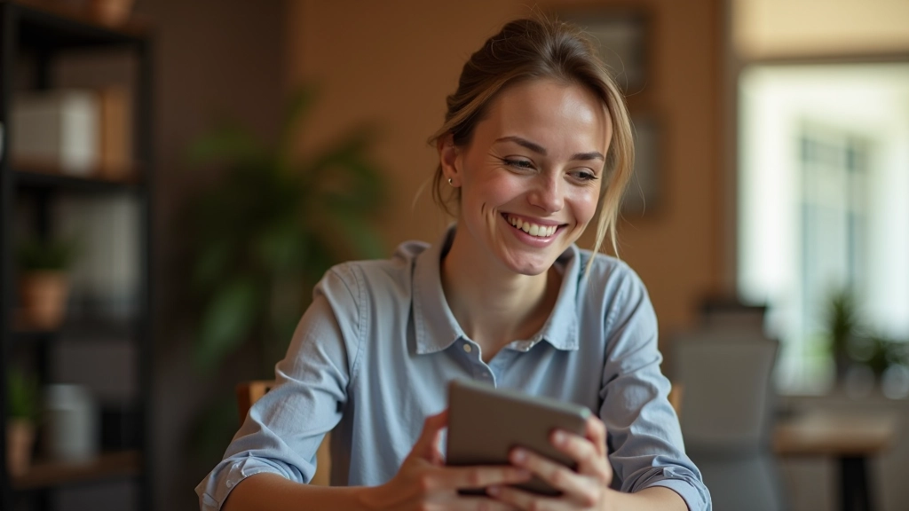 Naine kasutab nutiseadet omavalitsuse teenuste kaudu, mugav kodus istumise stseen