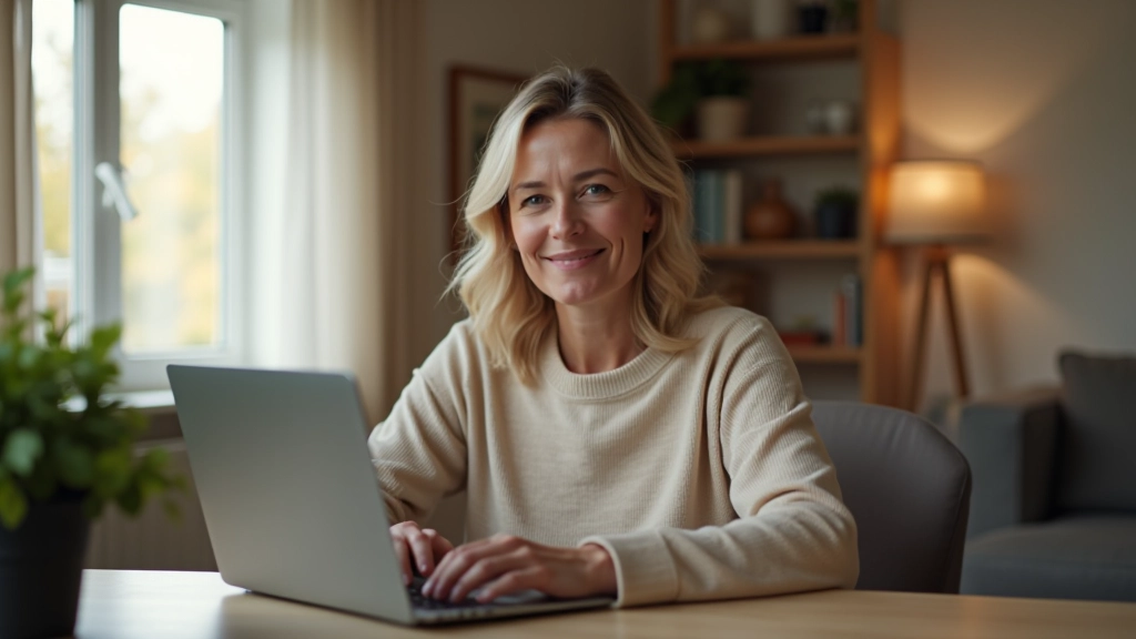 Vene nainen istub koduses toas arvutiga, kodus mugav sisemus, aken taustaks, päevavalgus