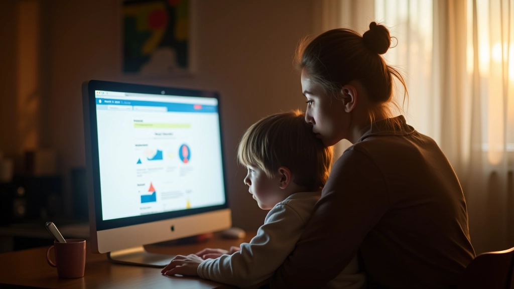 Naine ja laps istuvad koos arvutiga ja vaatavad ekraani